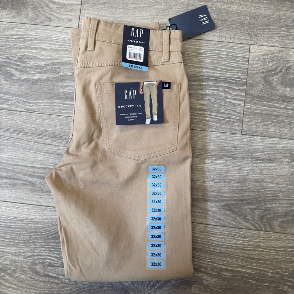 NWT GAP MENS TWILL SLIM FIT TAN 32/30 SUPER SOFT STRETCH CLASSIC 5 POCKET PANTS